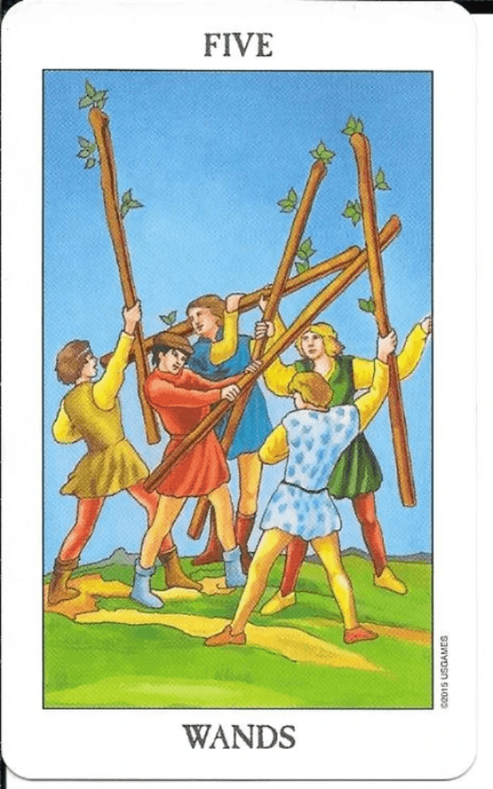 5 of Wands-Rider-Waite-Smith Tarot card