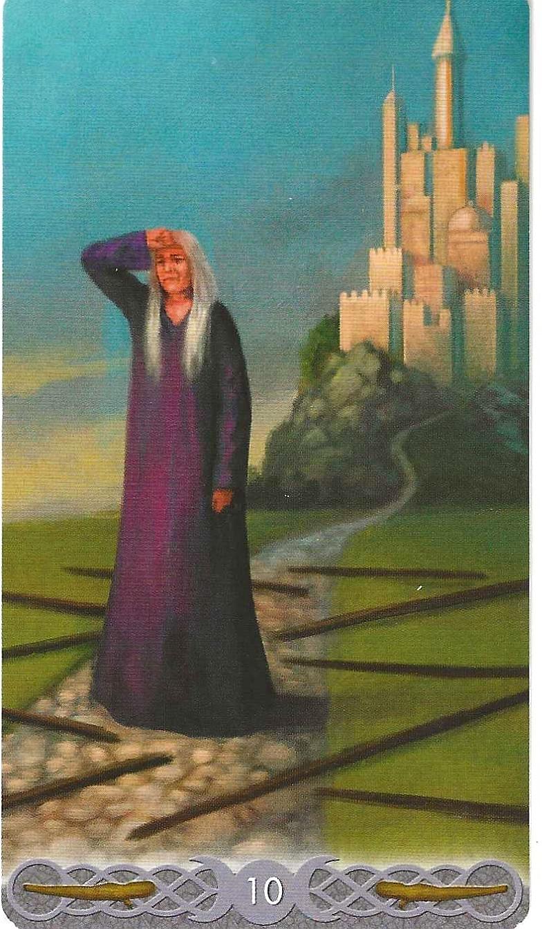 Triple Goddess Tarot- 10 of Wands Tarot Card Imagery