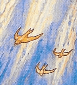 Three Swallows imagery on Thoth Knight of Swords