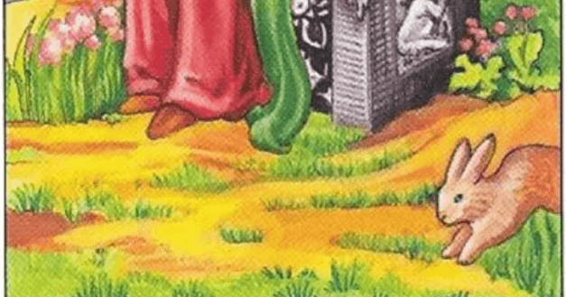 Tulips and hare imagery on the RWS Queen of Pentacles