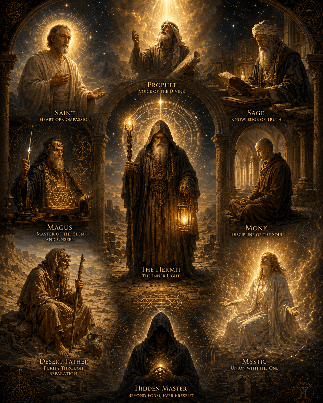 saint, sage, prophet, magus, monk, desert father, mystic, and hidden mast