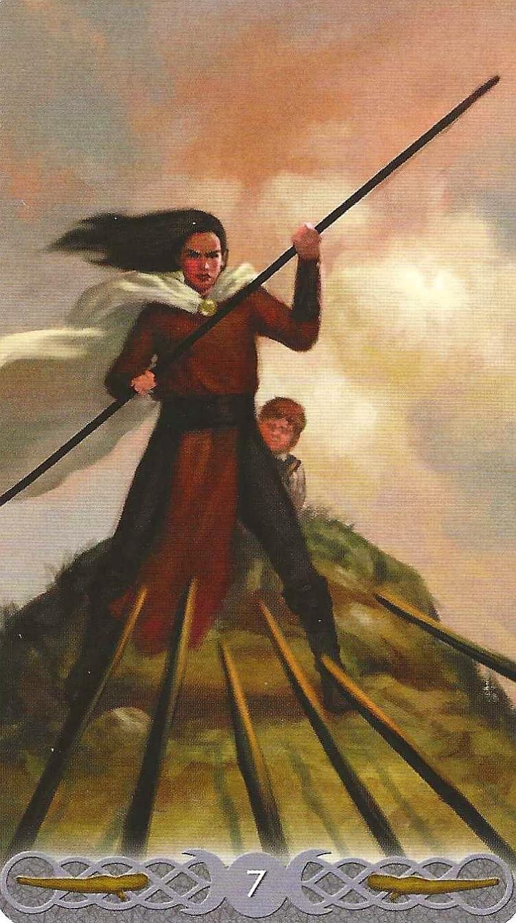 The Triple Goddess Tarot- 7 of Wands- courage and defense of loved ones imagery.