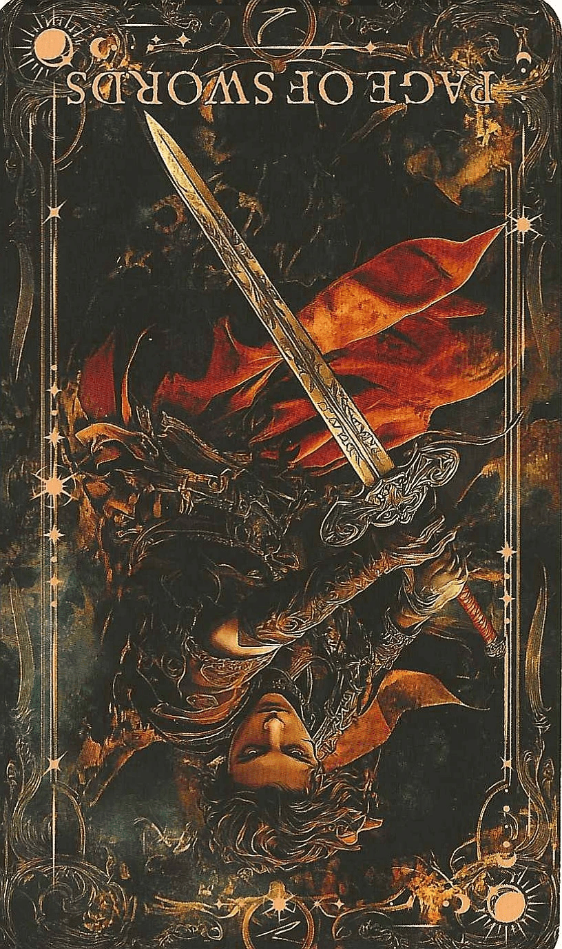 The Page of Swords- Arcane Tarot court card reversed.