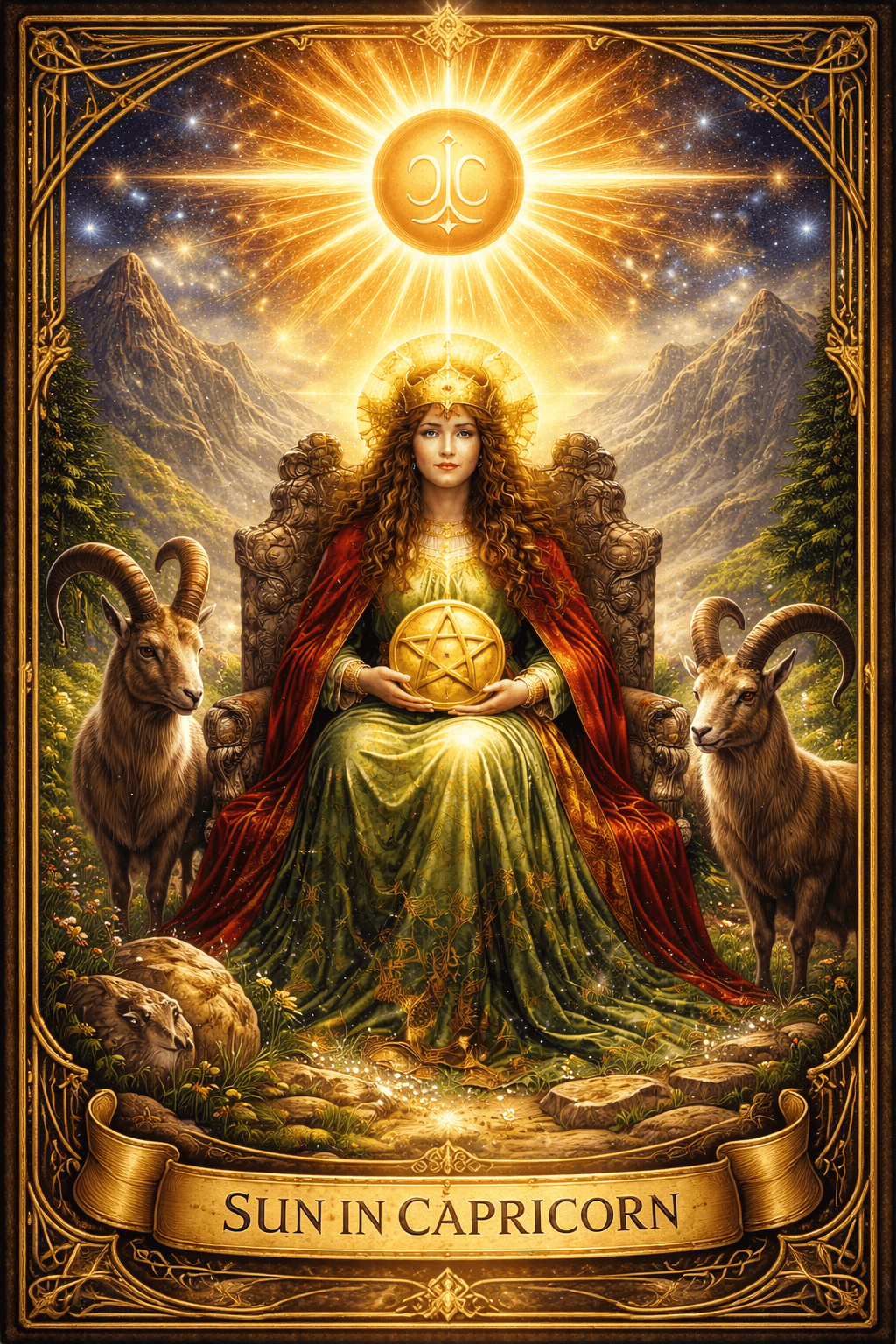 The Sun in Capricorn as the Queen of Pentacles imagery