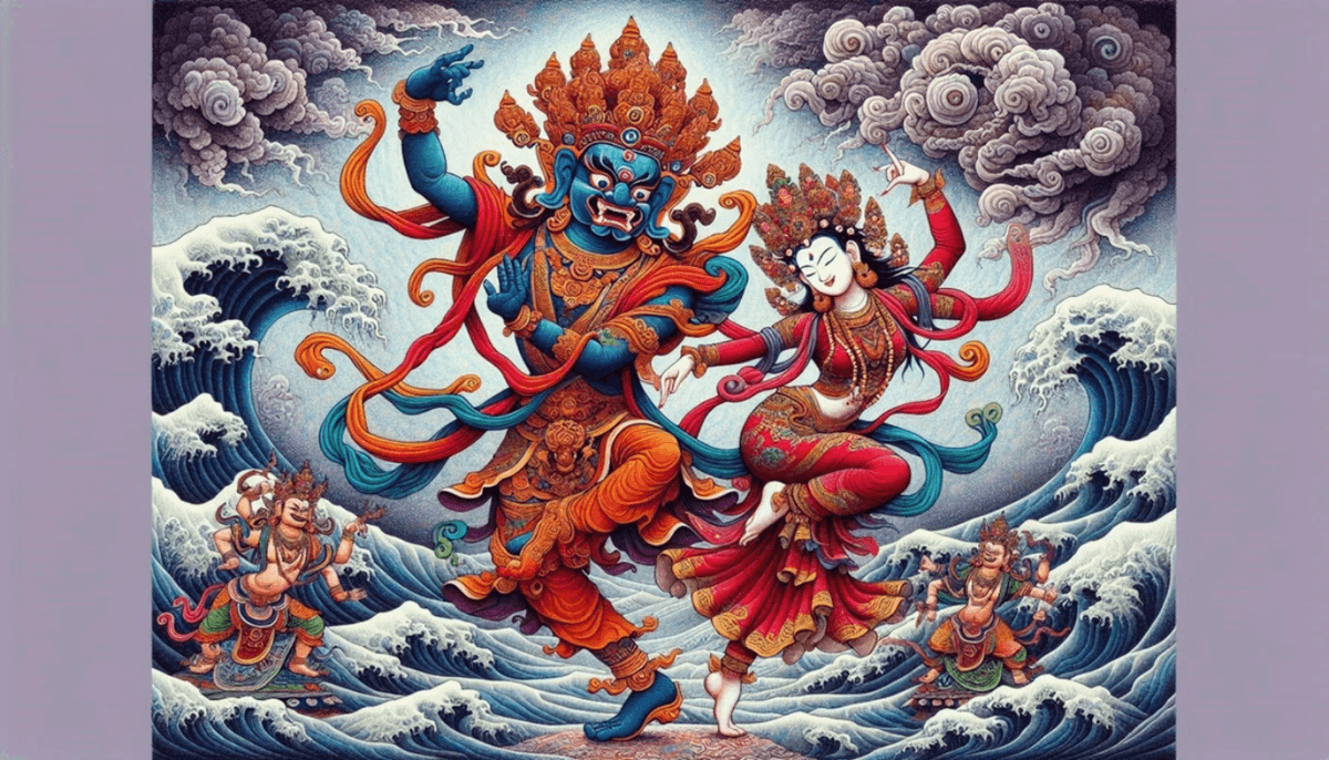 Yama and the dancing red Yogini imagery