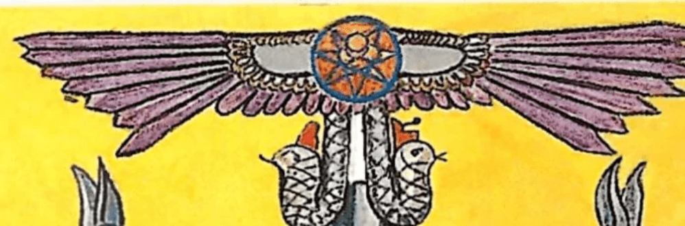 The Winged Disk and the Uraeus serpents of 5 of Wands-Thoth Tarot