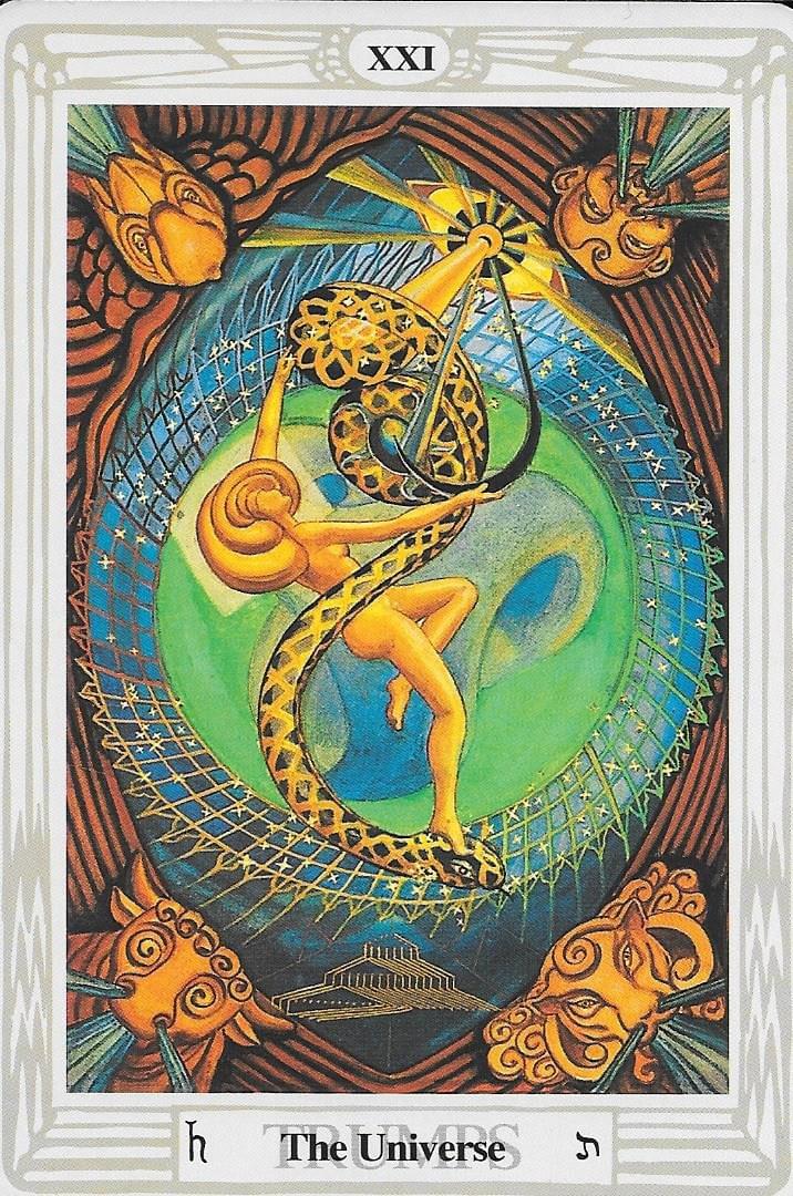 Thoth Tarot- ATU XXI- The joyful dance of I Am imagery.
