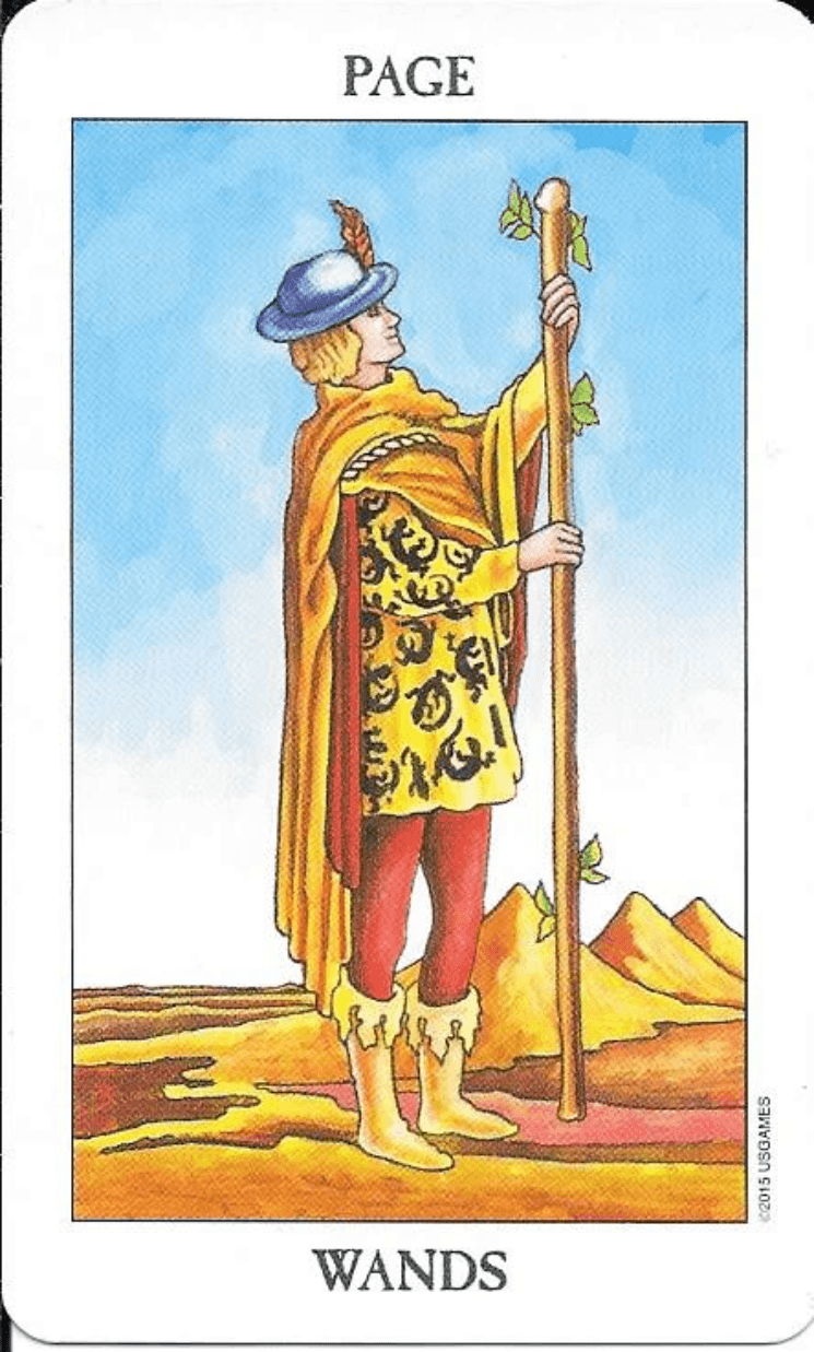 The Page of Wands- RWS Tarot-stroking his phallic wand imagery