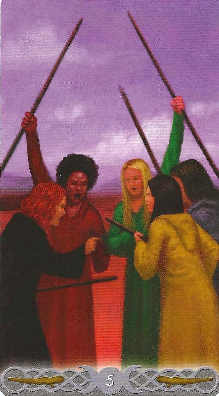 Triple Goddess Tarot- 5 of Wands -Tarot Card  imagery