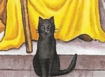 Black Cat familiar on the Queen of Wands RWS tarot card