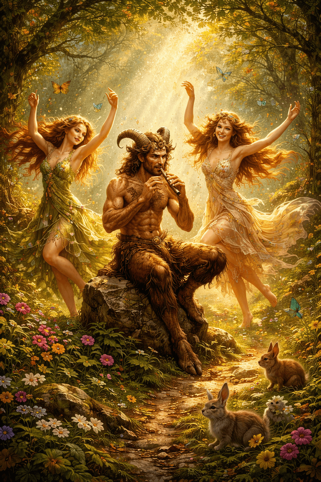 Pan and dancing forest nymphs imagery