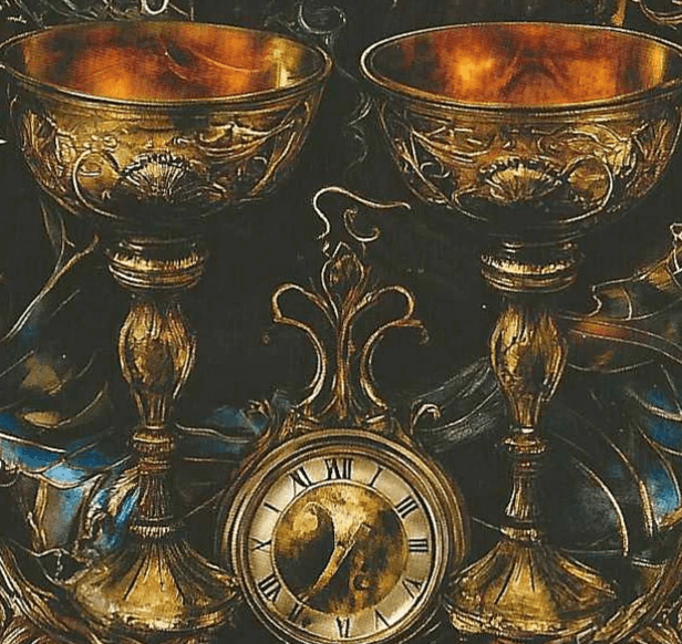 The Time piece between the 2 of Cups, imagery of the Arcane Tarot