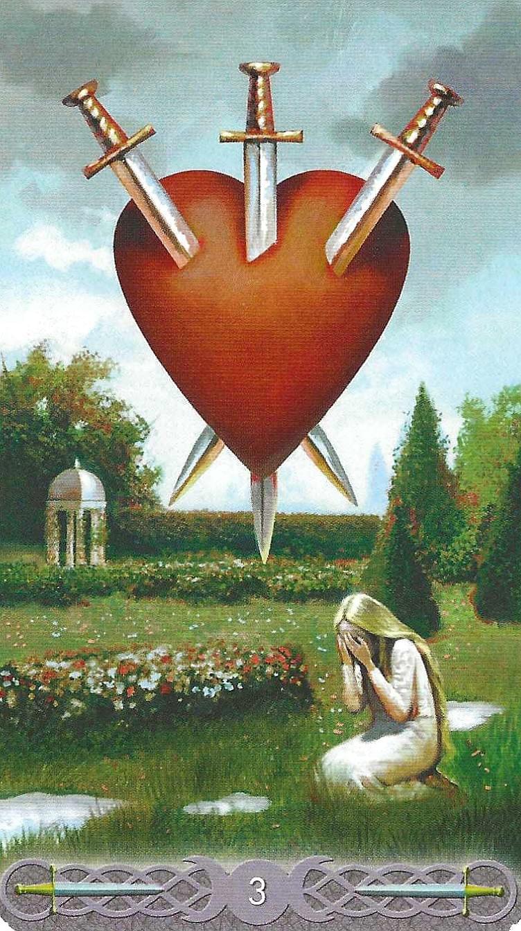 Triple Goddess Tarot- 3 of Swords-sorrow imagery