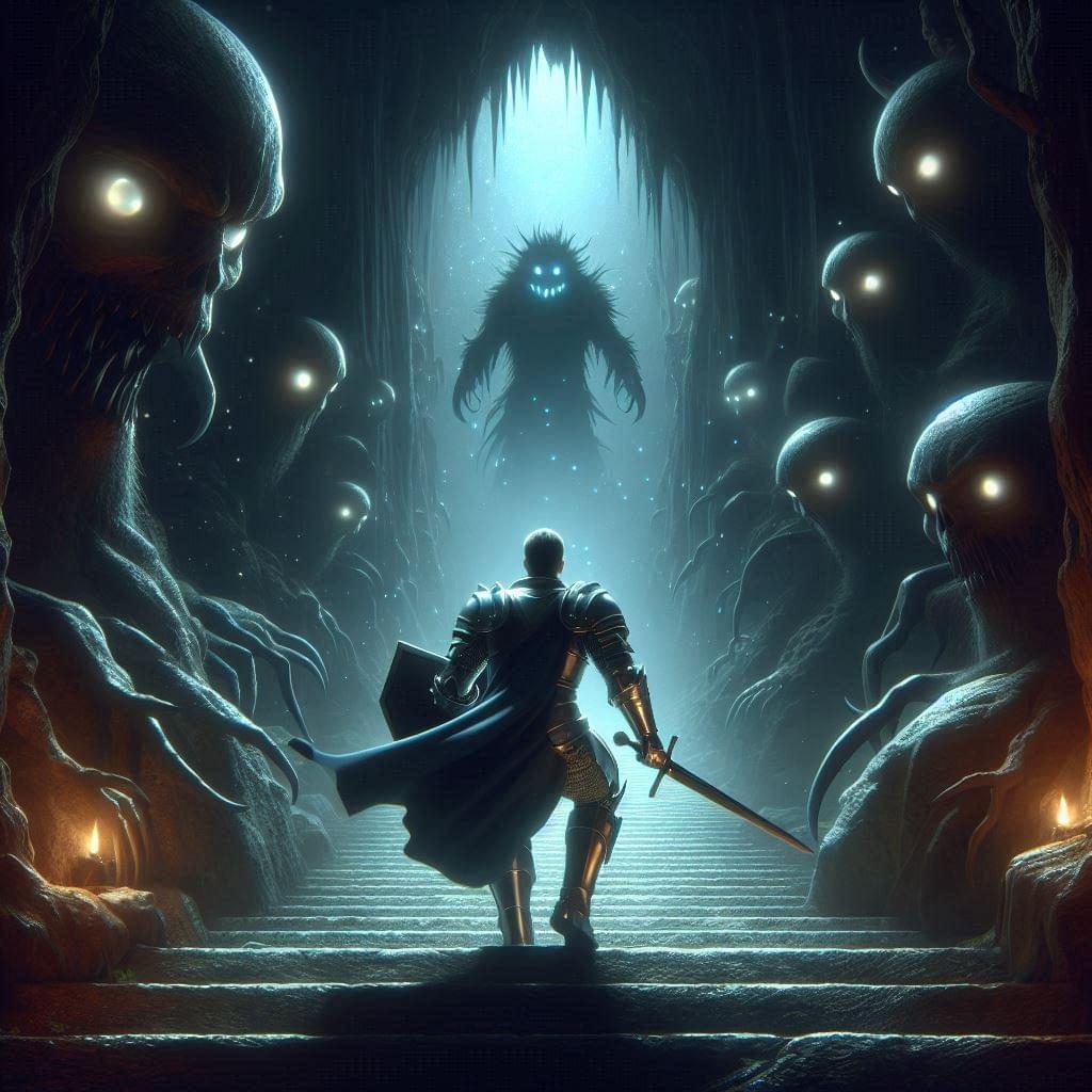 Hero descending into darkness facing internal monsters
