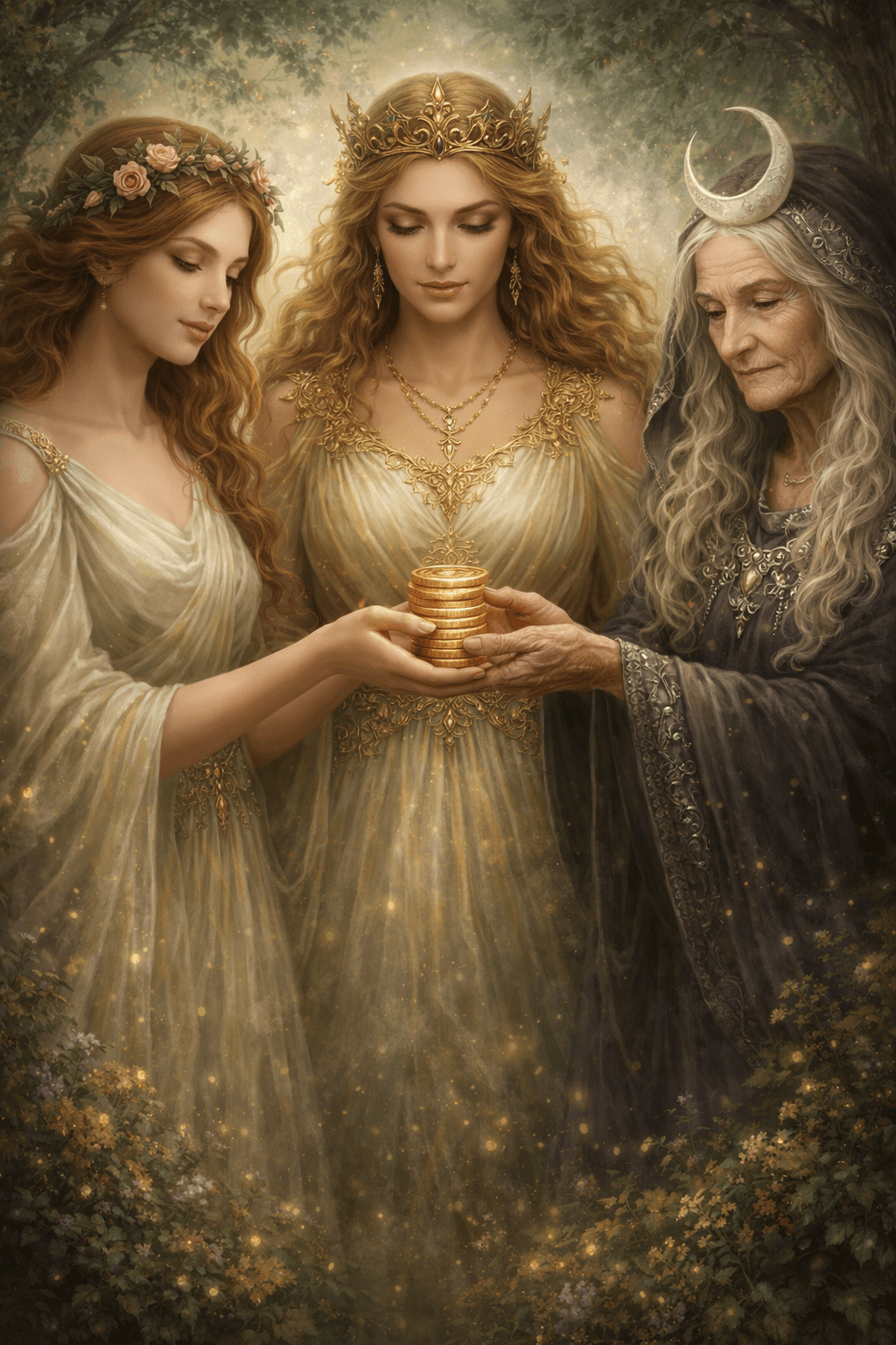 Maid-Mother-Crone passing  coins to each other