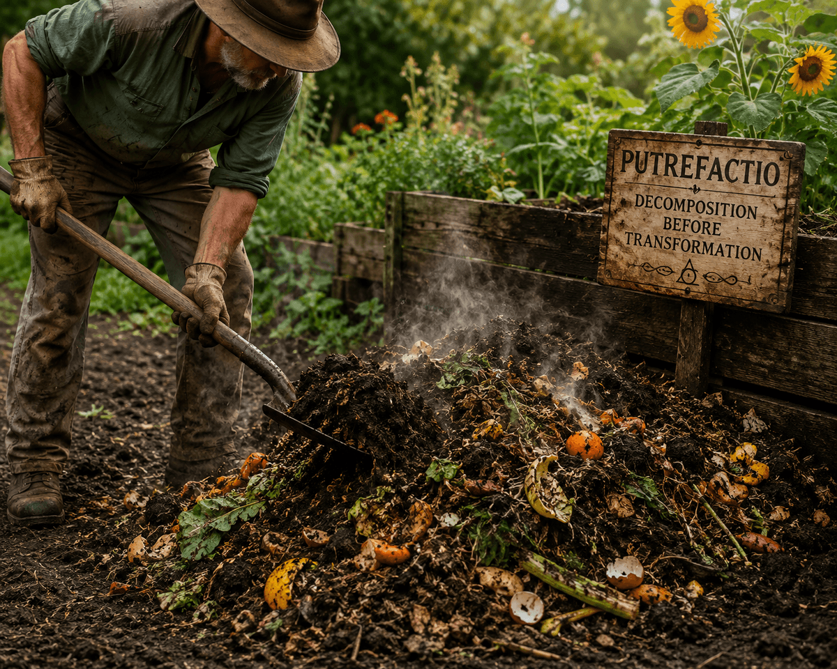 Putrefaction-shoveling compost imagery