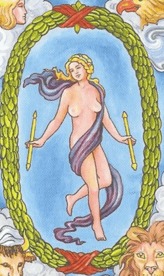 Leminiscate male female horizonal figure eight imagery on RWS World Tarot Card