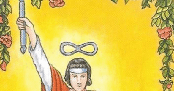 The Lemniscate above the magician's head imagery on the RWS Tarot Key 1