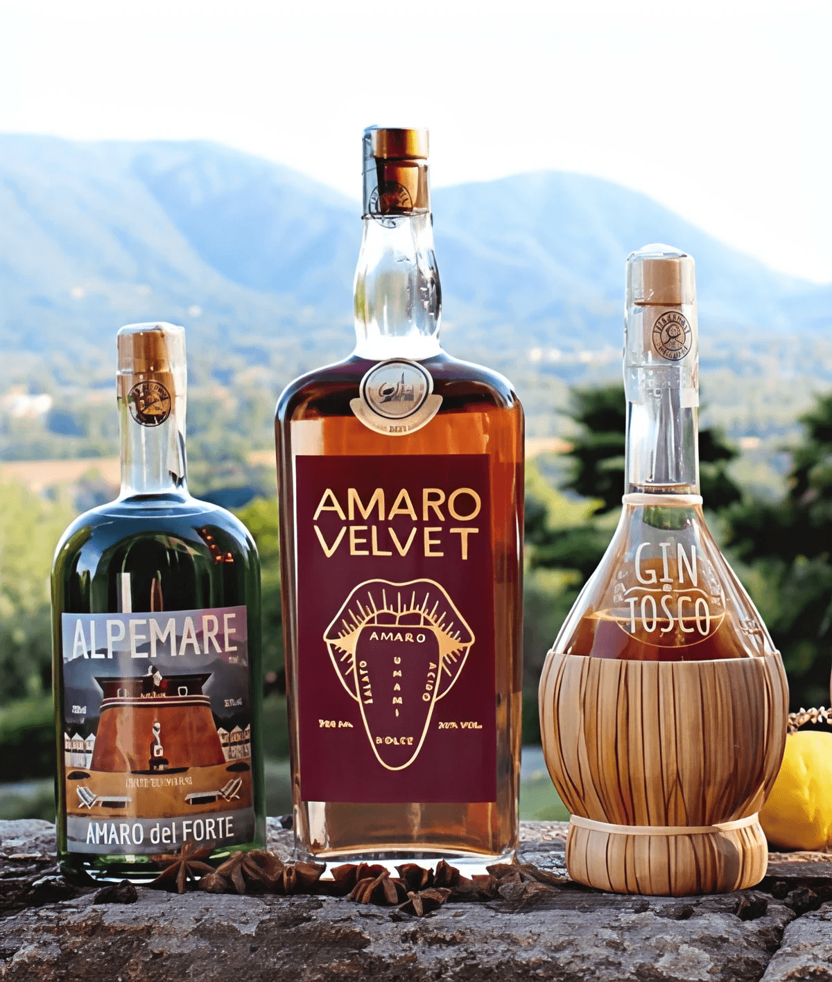 Bottiglie di liquori artigianali toscani Mr.Liquor esposte su tavolo in legno nelle colline della Toscana