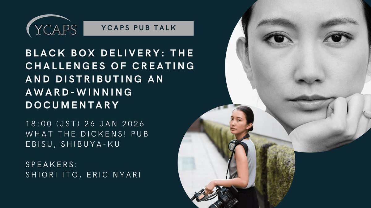 Text over a background with a black and white portrait of Shiori Ito and a Color photograph of Ito working. Text is information for the January 26, 2026 YCAPS Pub-talk which is described in the text box to the right of this image.