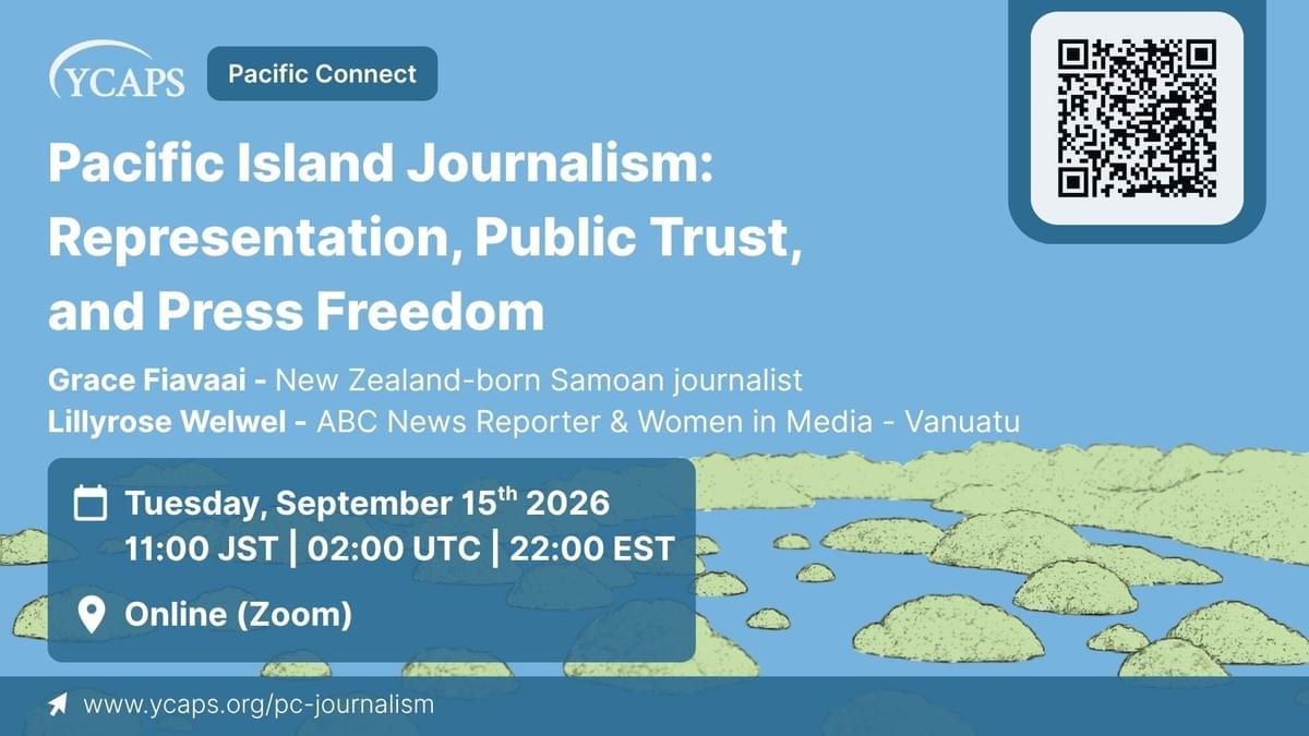 A flyer advertising the event detailed above and below this image. It has a sky blue background with lush green rocky islands drawn in the background with white text and a QR code link to register.