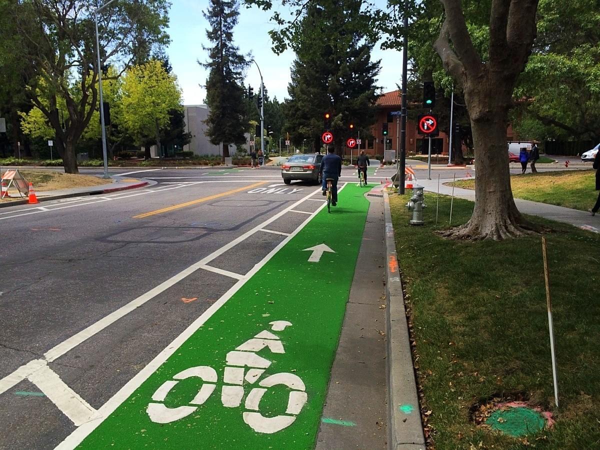 Mountain View's first green bike lanes! Photo courtesy of Cherie Walkowiak & Safe Mountain View.