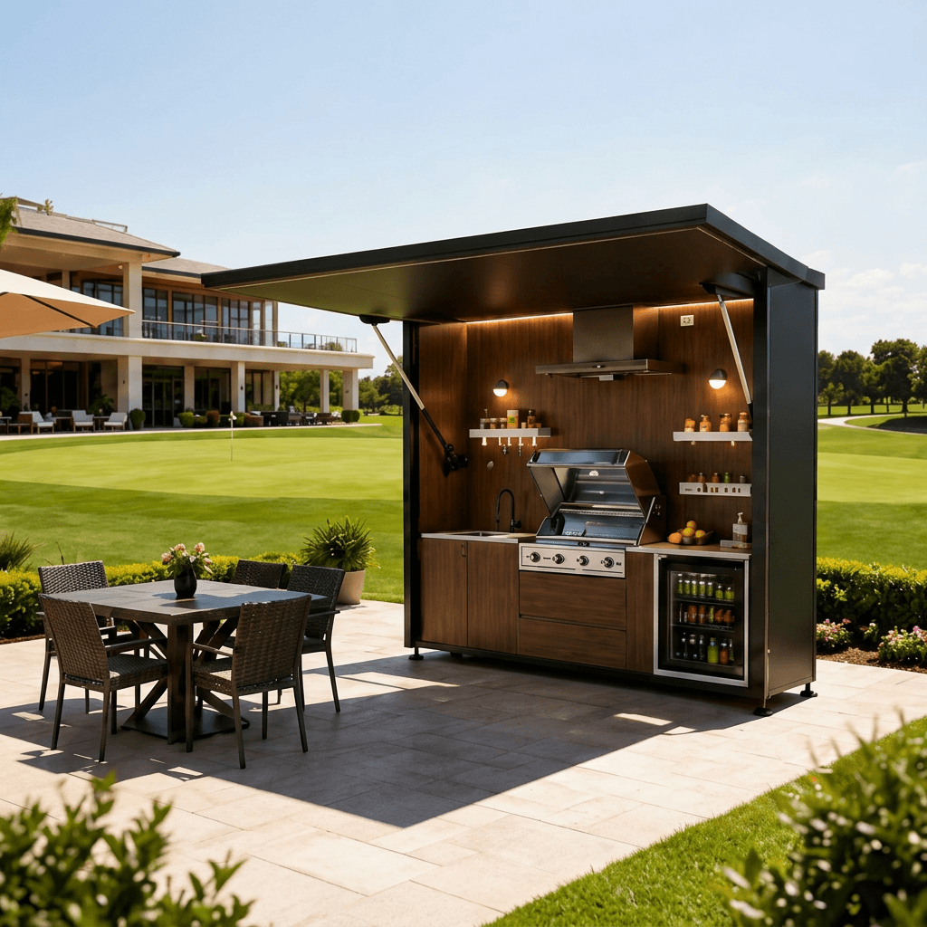 Pro edition outdoor party kitchen with electric push-rod flip cover canopy.