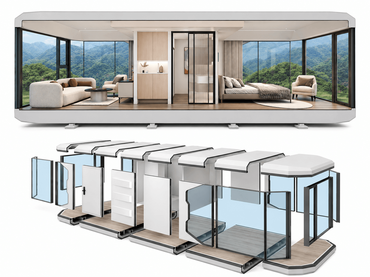 Astra M7 38m2 capsule house floor plan and 3D layout.