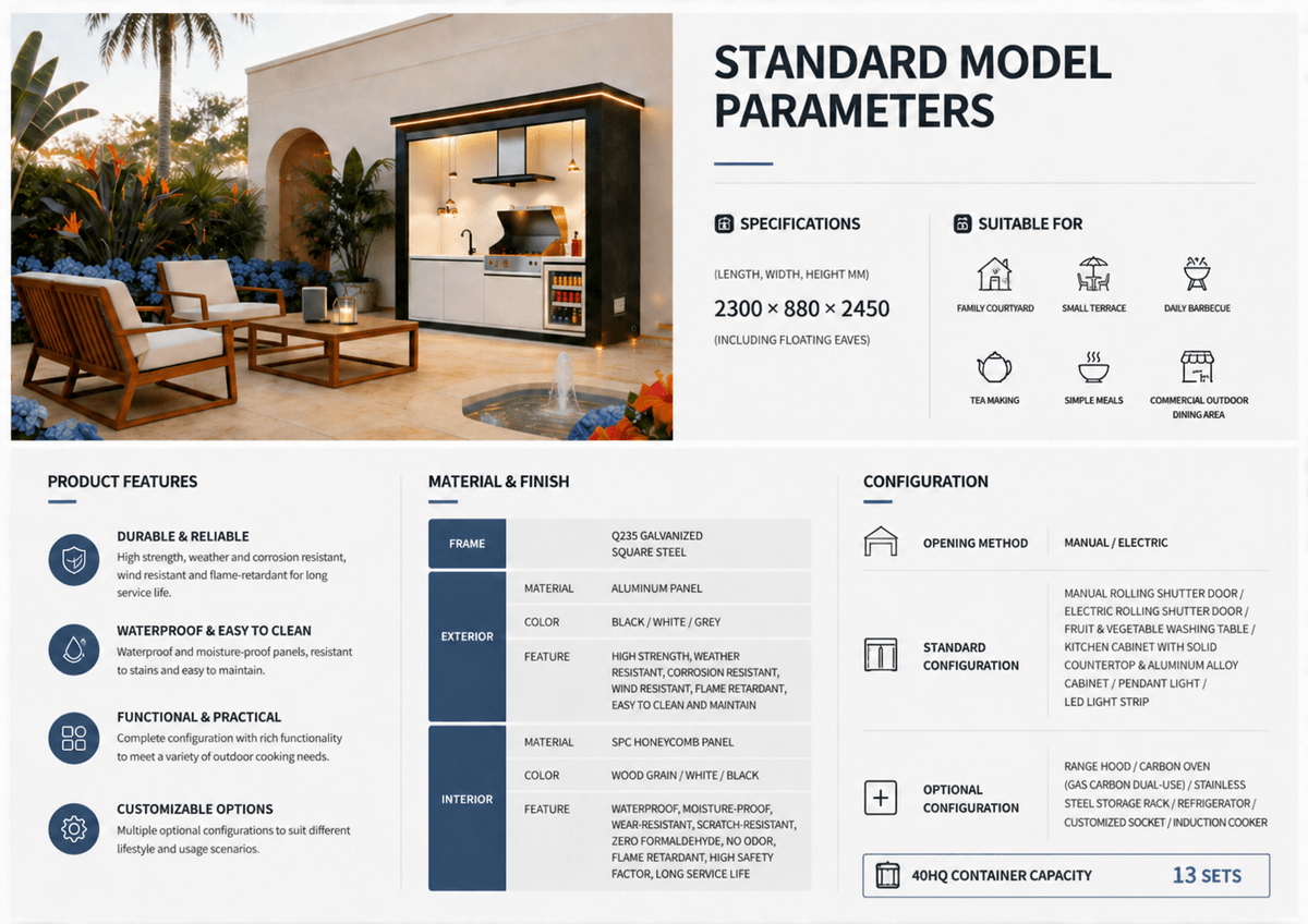 Technical specifications and configuration for Outdoor Party Kitchen Standard version.