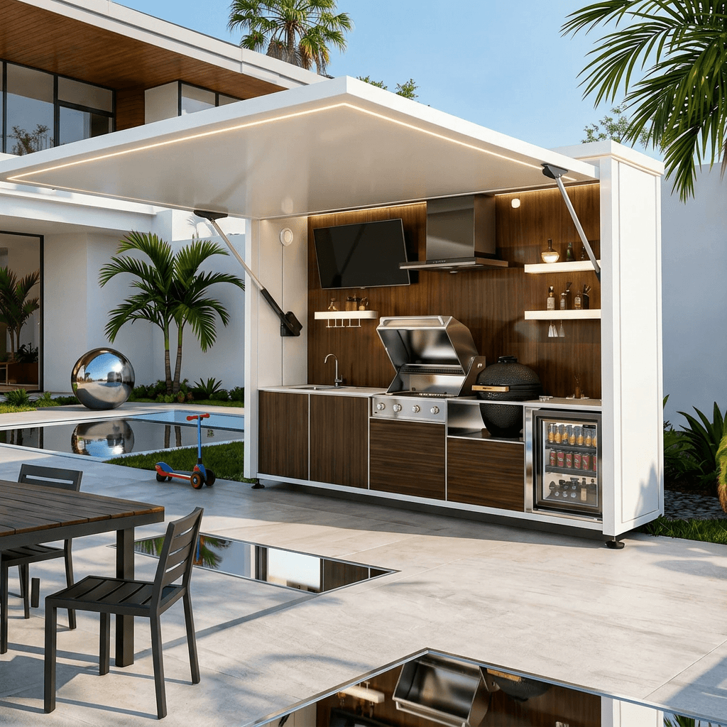 Plus edition flagship outdoor party kitchen with TV and poolside setup.