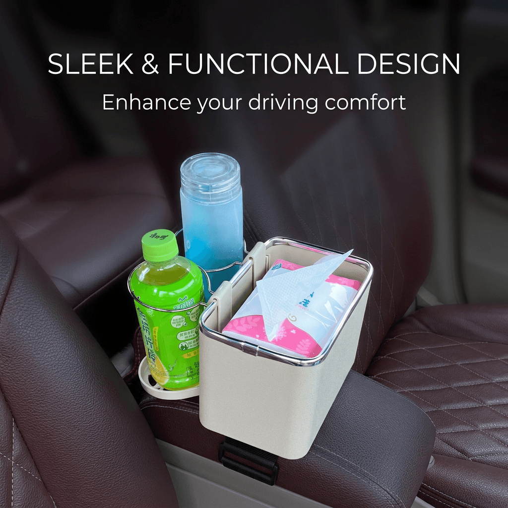Multi-functional Car Armrest Organizer — Premium Tissue Box with Integrated Cup Holders