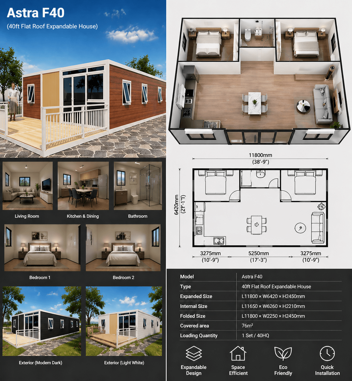 Detailed 76m2 floor plan and technical specifications for Astra F40 flagship house.