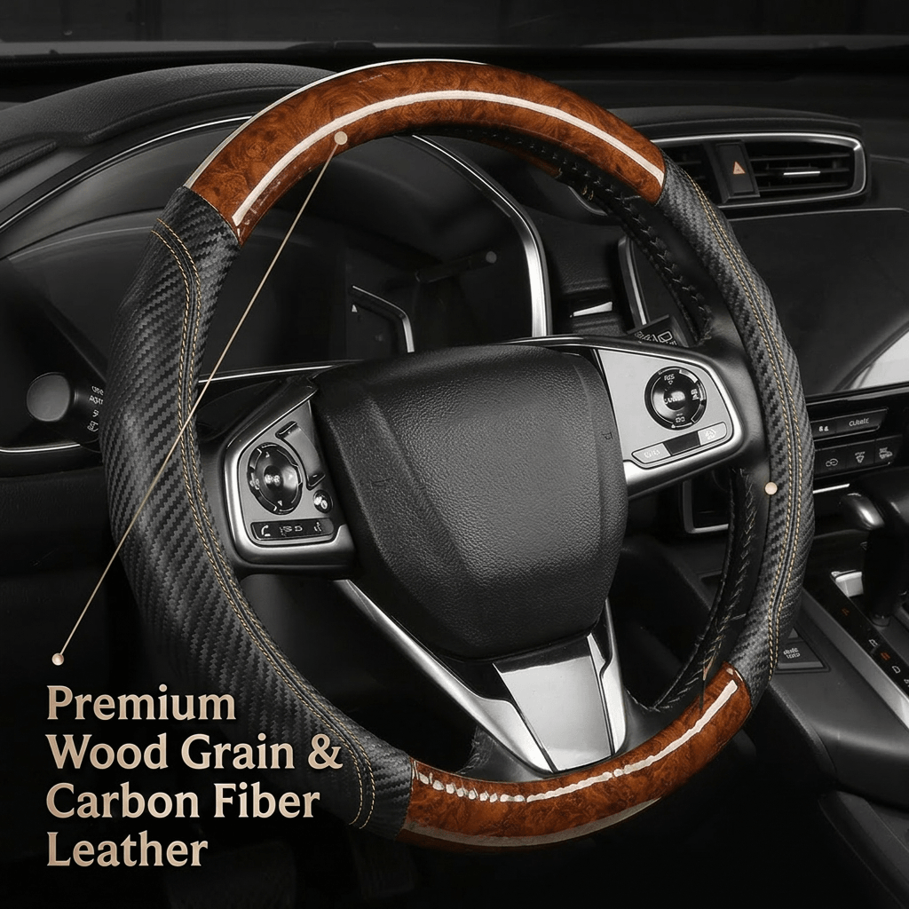 Universal Wood Grain & Carbon Fiber Leather Steering Wheel Cover — 7 Colors