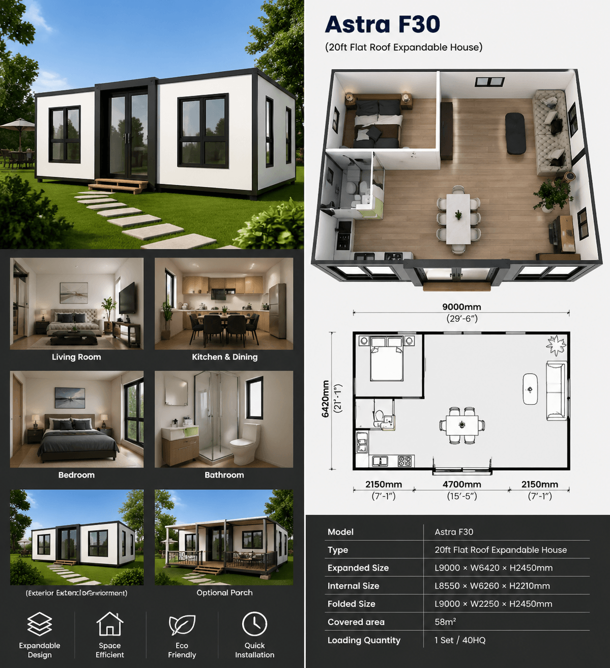 Detailed specifications and features of Astra F30 modern 30ft flat roof house.