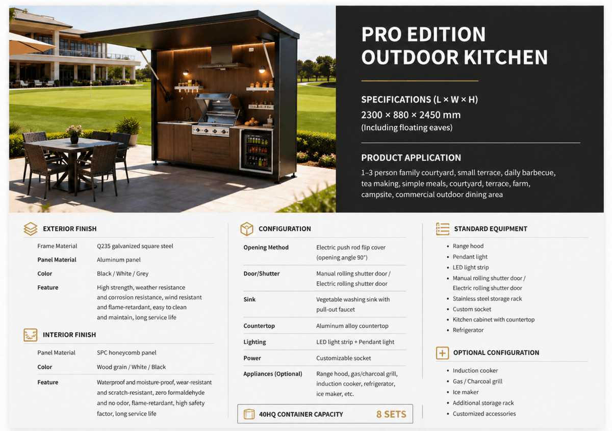 Detailed specifications and equipment list for Outdoor Party Kitchen Pro.