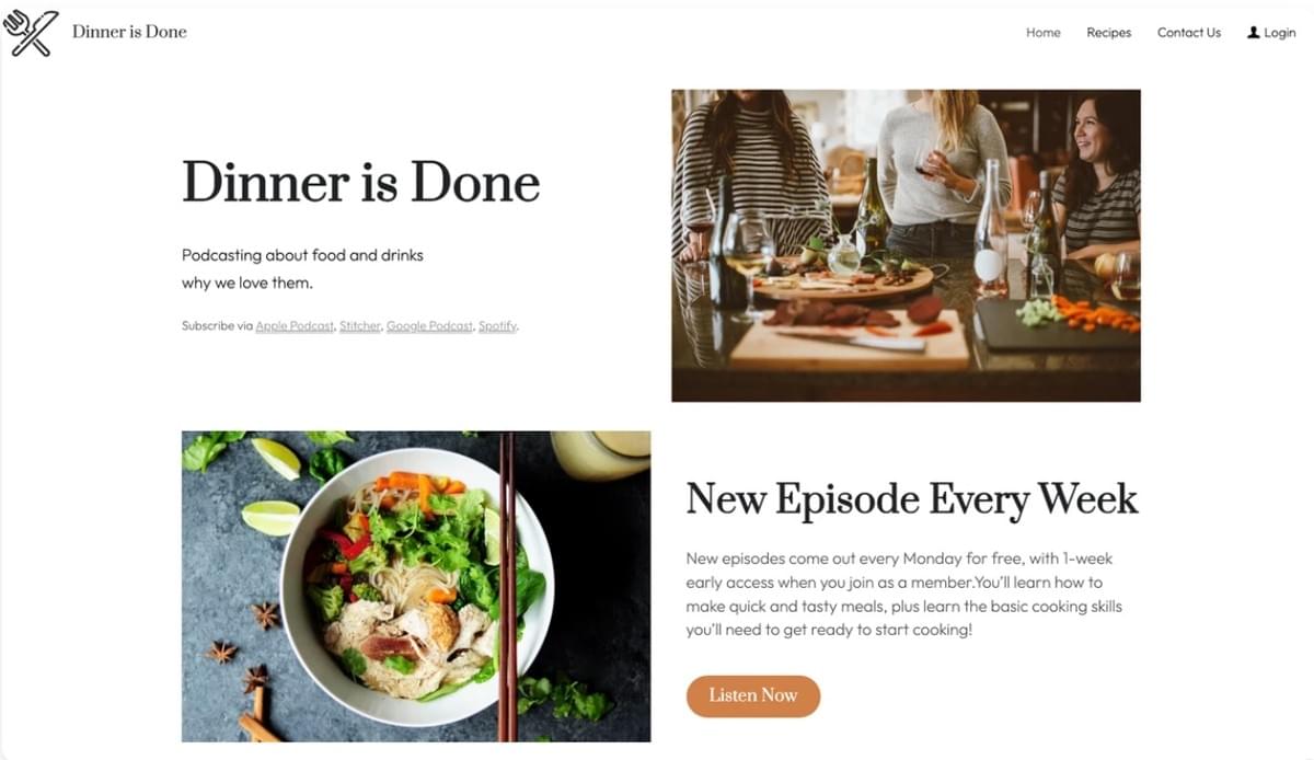 Dinner is Done template van Strikingly