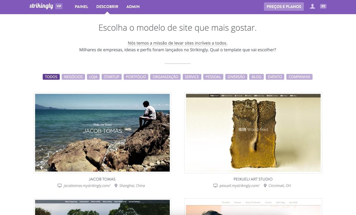 Página de Seleção de Modelo da Strikingly