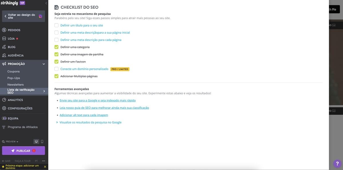 Lista de Verificação SEO do Strikingly