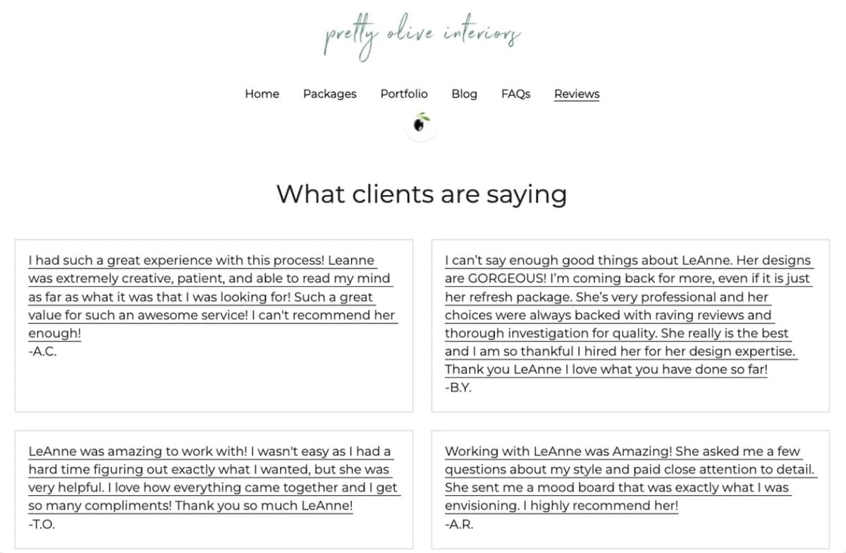 Página de Depoimentos da Pretty Olive Interiors