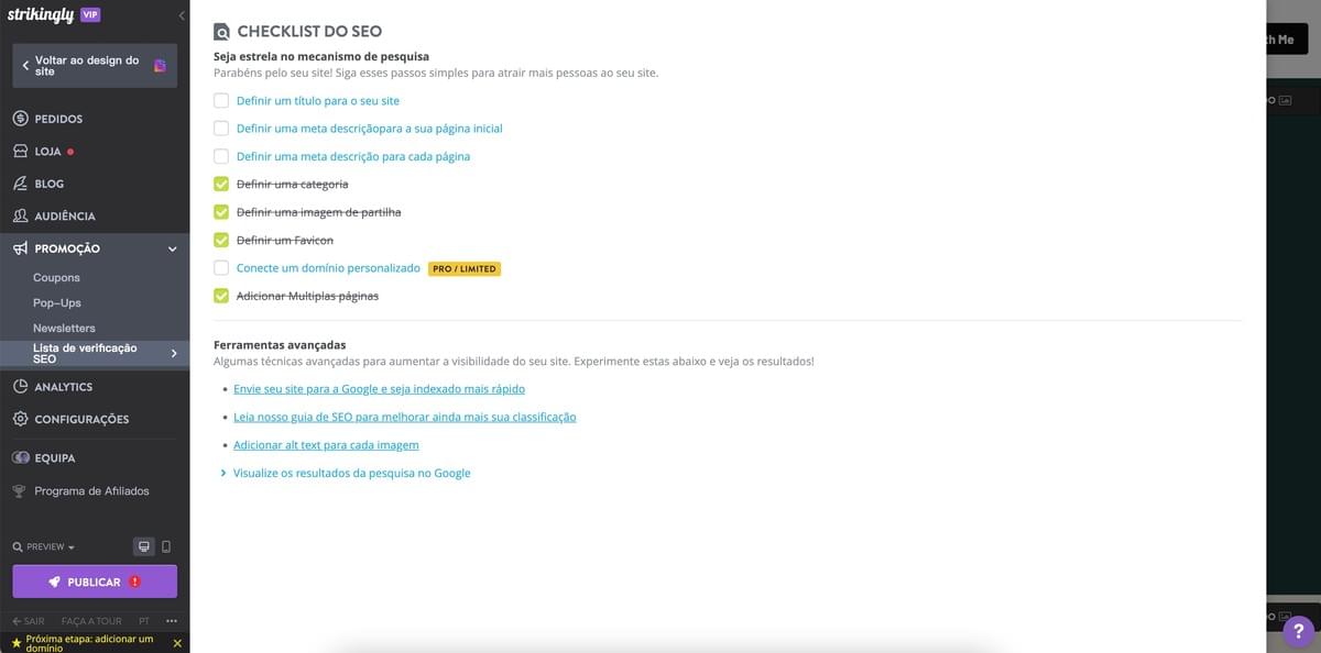 Passos para escrever um post de blog no Strikingly - Otimizar para SEO