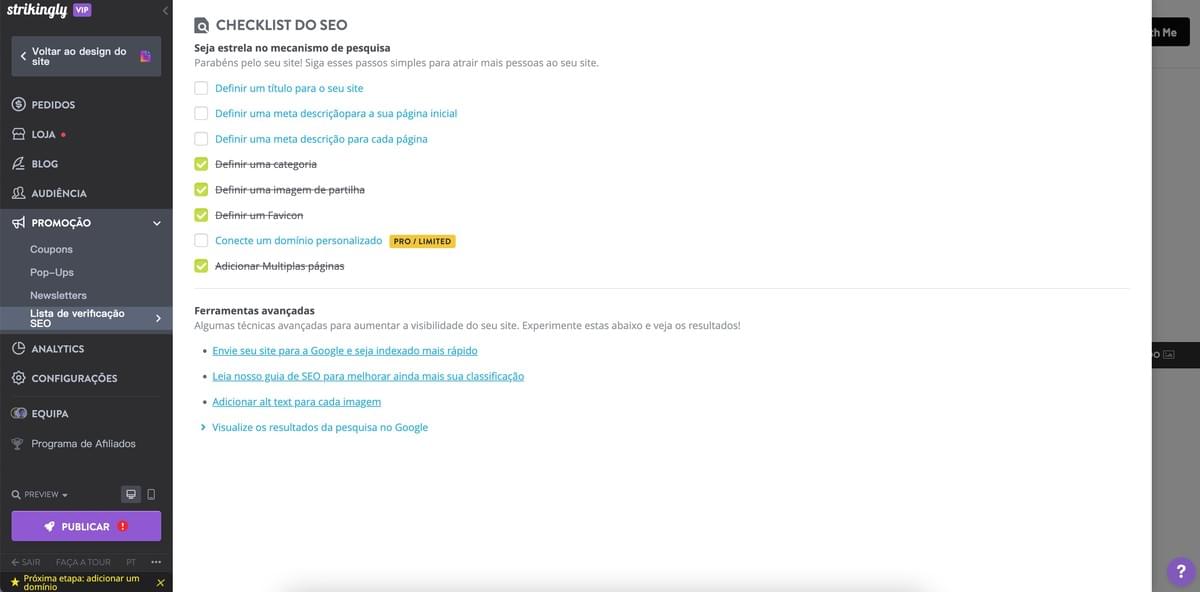 Lista de Verificação de SEO Strikingly