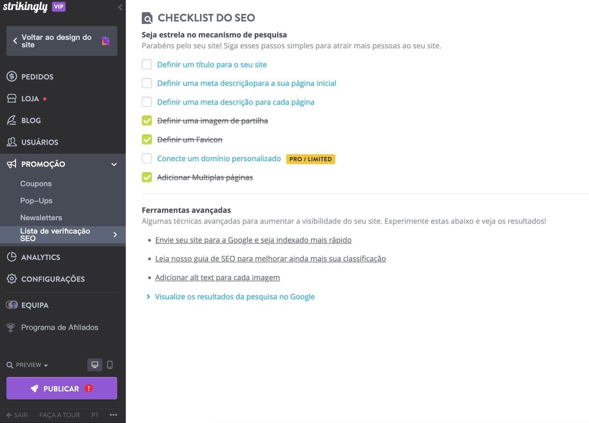 Checklist de SEO da Strikingly