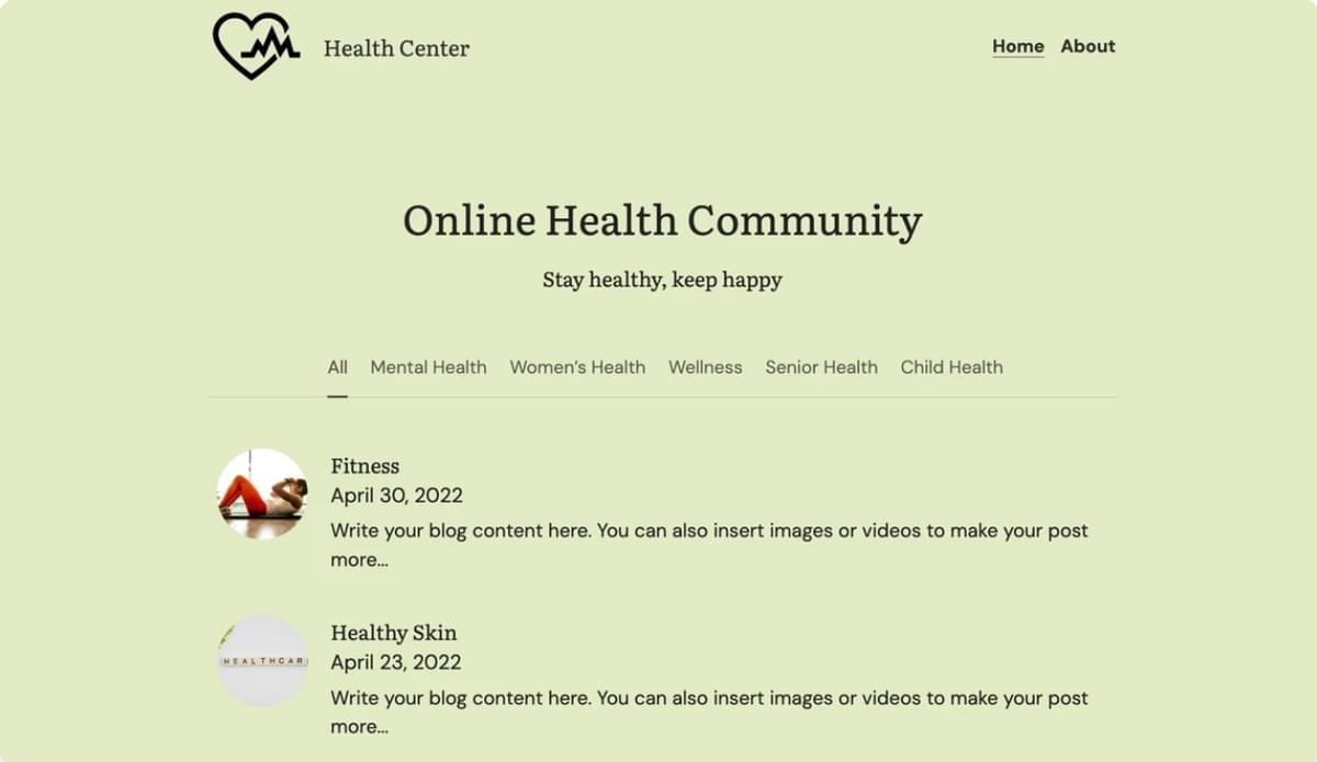 Modelo de Comunidade de Saúde da Strikingly