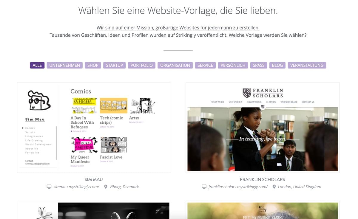 Strikingly-Vorlagenauswahlseite