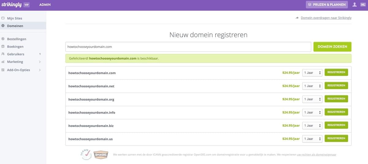 Strikingly Domein Selectie Pagina