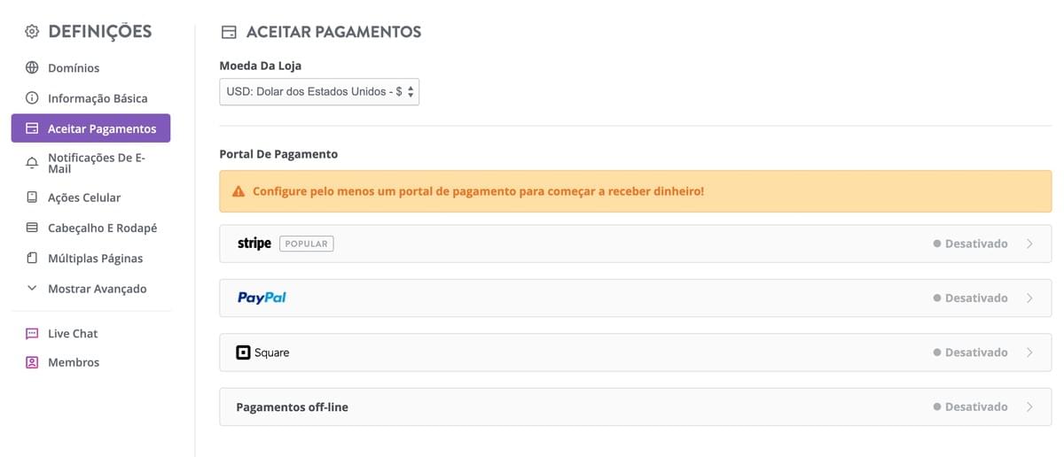 Página de Configuração de Pagamento do Strikingly