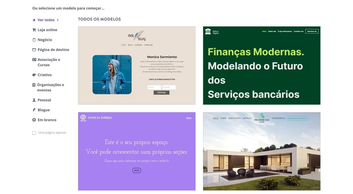 Página de Seleção de Modelos do Strikingly