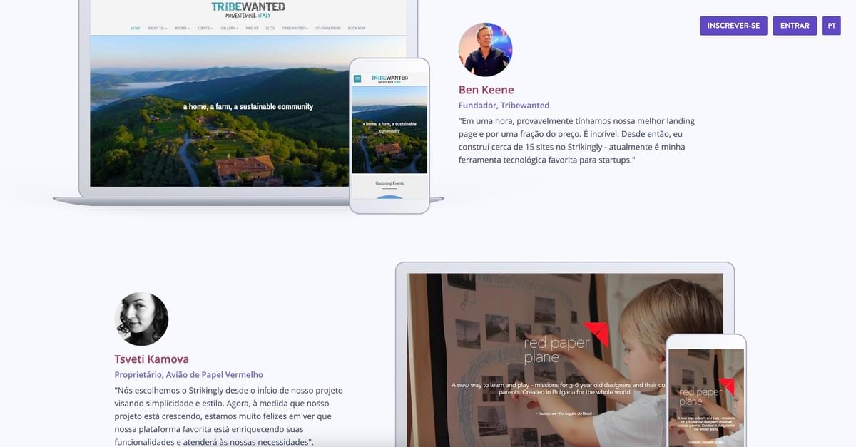 Páginas de Destino Otimizadas para Móveis da Strikingly