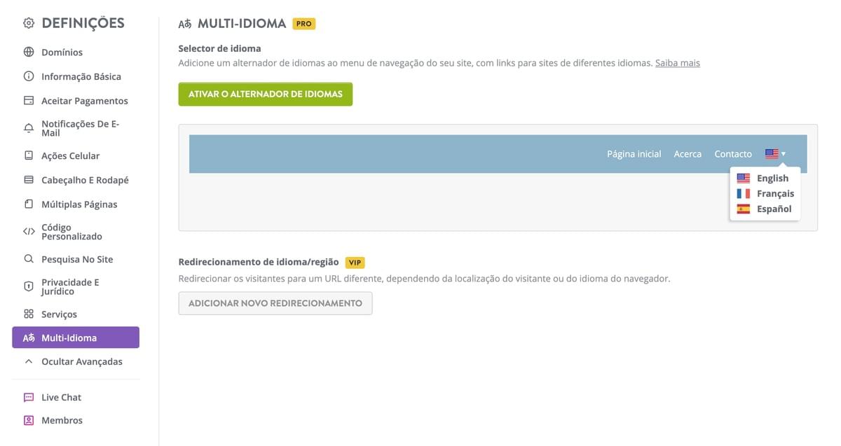 Alternador de Idiomas da Strikingly