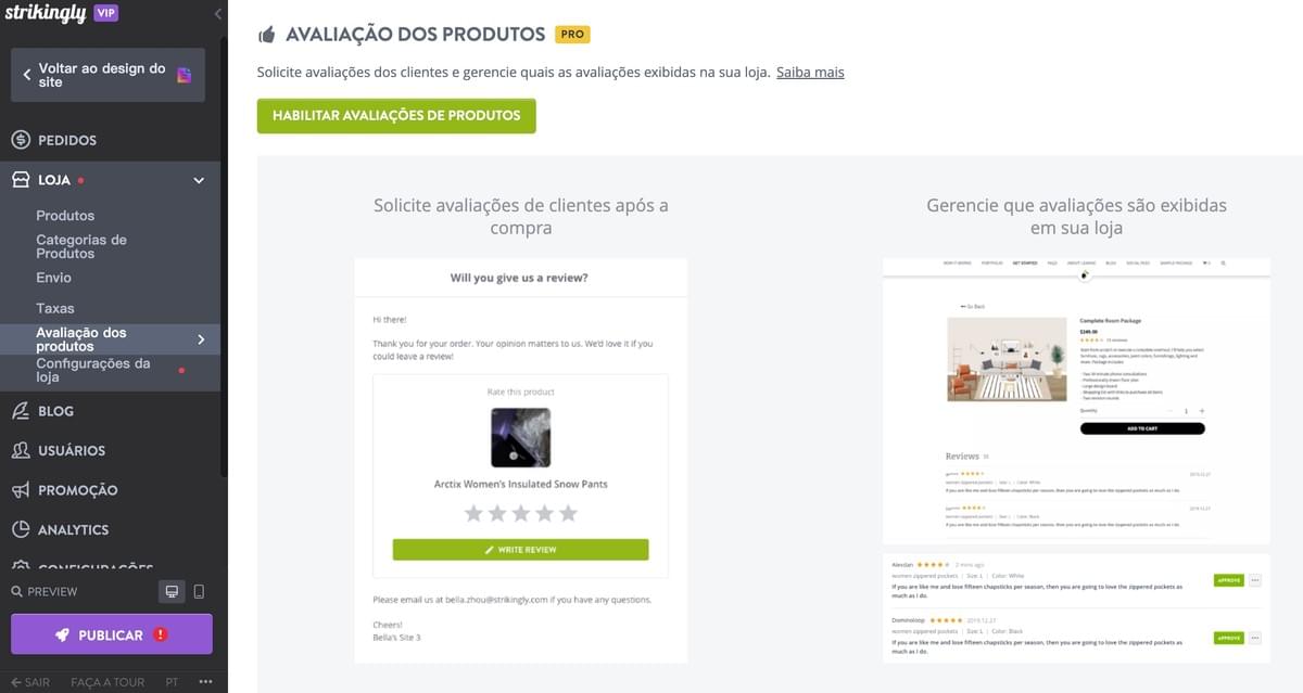 Recurso de Avaliação de Produtos da Strikingly